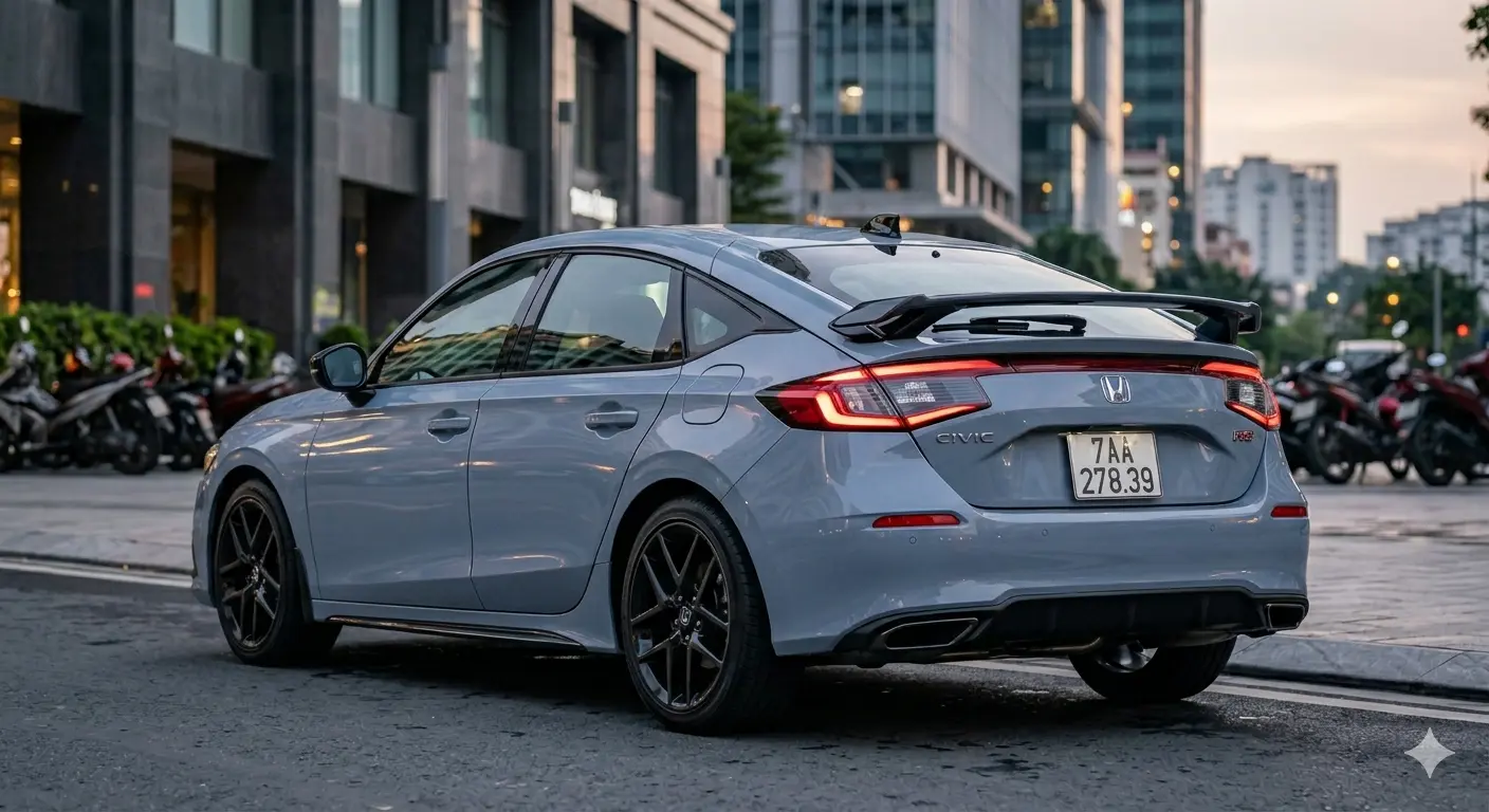 Góc nhìn phía sau 3/4 của xe Honda Civic Hatchback RS màu Xám Sonic Grey Pearl, khoe dáng vẻ thể thao với cánh gió đuôi xe màu đen và dải đèn hậu LED.