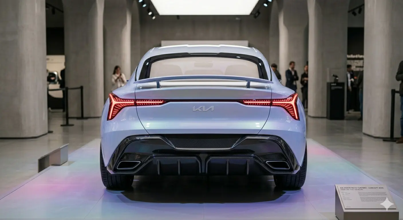 Đuôi xe Kia Vision Meta Turismo nổi bật với dải đèn LED kéo dài và bộ khuếch tán gió sợi carbon.