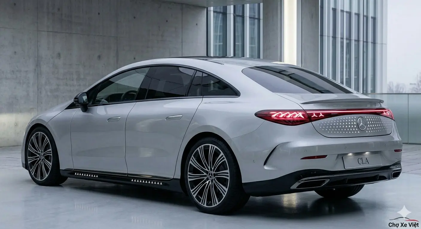 Cụm đèn hậu LED đồ họa ngôi sao ba cánh độc đáo phía sau xe Mercedes CLA 2026.