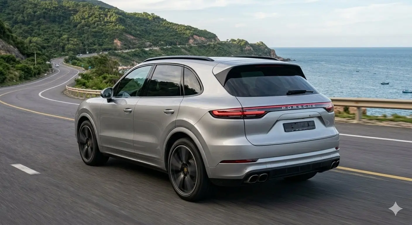 Thiết kế đuôi xe Porsche Cayenne điện 2026 với dải LED trải dài và bộ khuếch tán khí động học