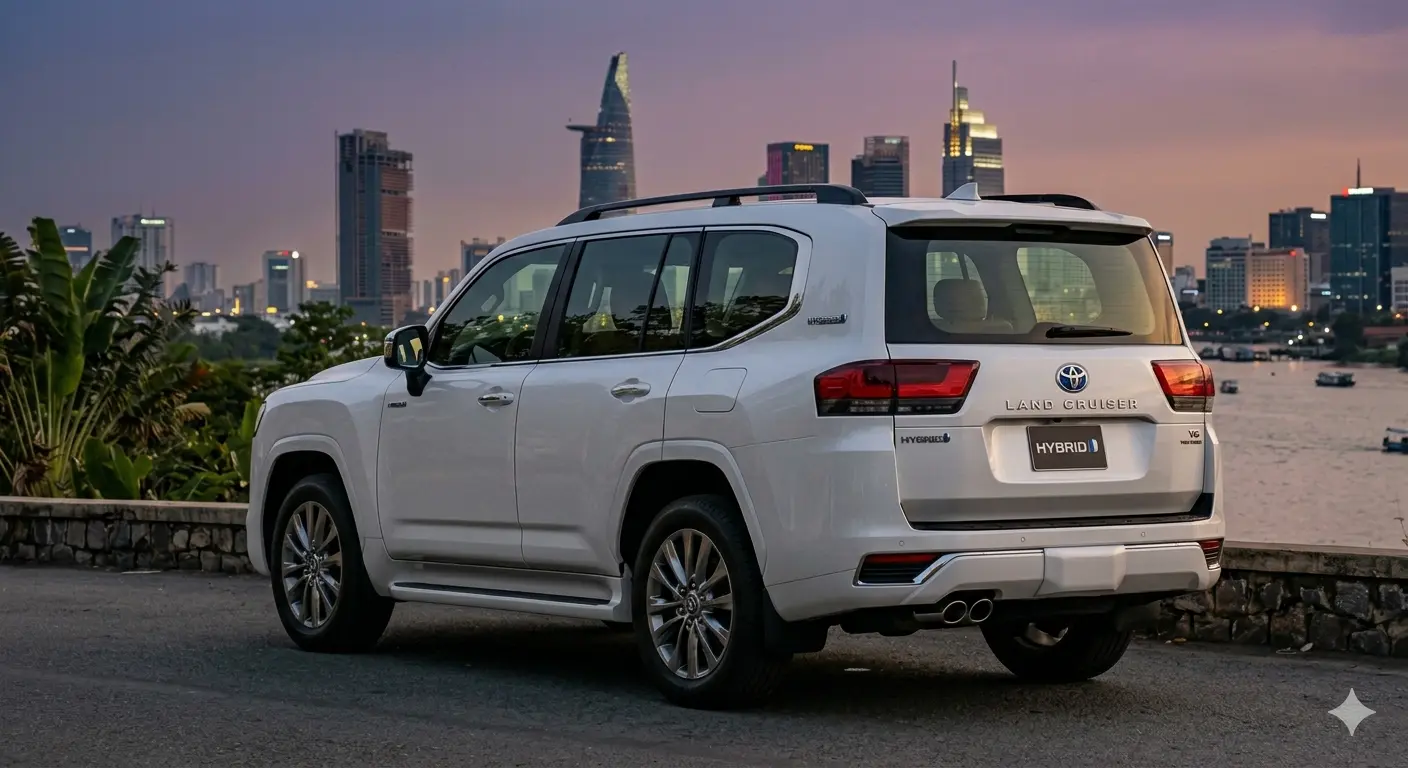 Thiết kế đuôi xe Toyota Land Cruiser Hybrid 2026 nổi bật với logo Hybrid và cụm đèn hậu LED hiện đại dưới ánh hoàng hôn