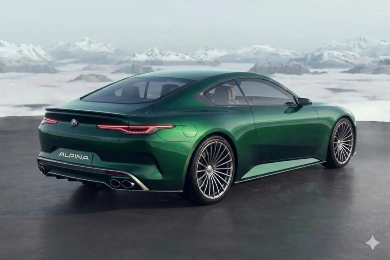 Thiết kế đuôi xe vuốt thuôn dài của Vision BMW Alpina 2026, để lộ cụm 4 ống xả kép dạng tròn truyền thống khẳng định sức mạnh của khối động cơ đốt trong V8.
