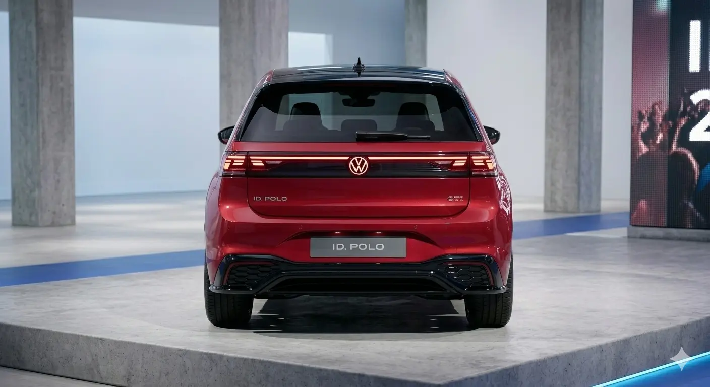 Cụm đèn hậu LED đồ họa 3D trải dài trên đuôi xe Volkswagen ID. Polo 2026 phiên bản điện.