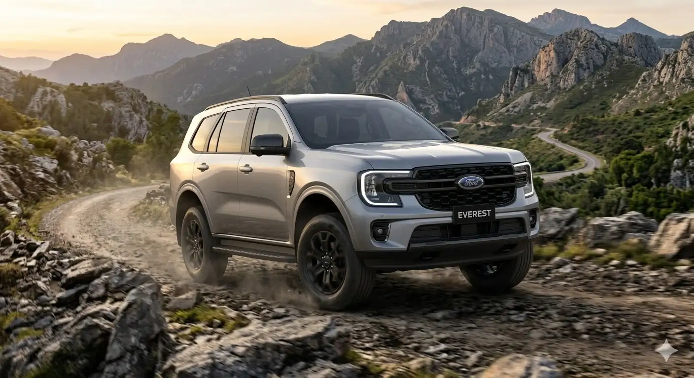 Ford Everest đời 2023 màu bạc mạnh mẽ đang di chuyển trên địa hình đồi núi.