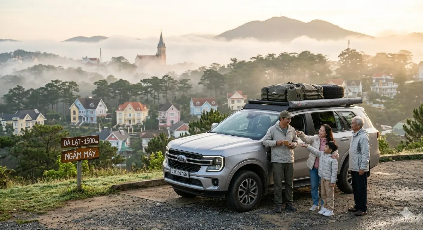  Cả gia đình trên chiếc Ford Everest 2026 tận hưởng cảnh bình minh ngắm mây tuyệt đẹp tại đỉnh Đà Lạt (1500m) sau hành trình từ TPHCM.