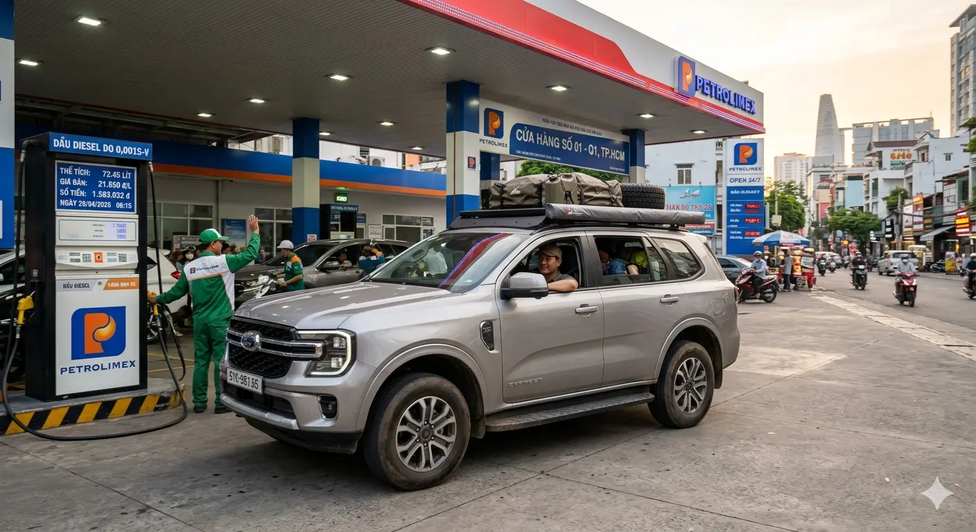 Chiếc Ford Everest 2026 đang được đổ dầu Bi-Turbo tại trạm Petrolimex Quận 1, chuẩn bị cho hành trình test tiêu hao nhiên liệu đi Đà Lạt.