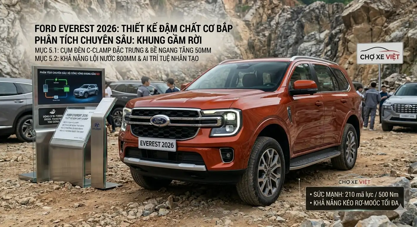 Ngoại thất hầm hố đậm chất cơ bắp Mỹ của Ford Everest 2026 màu cam đỏ.