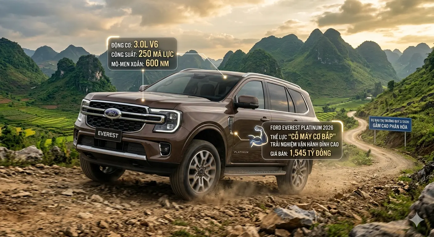 Khả năng vận hành đỉnh cao của Ford Everest Platinum 2026 trang bị động cơ 3.0L V6 sản sinh mô-men xoắn 600 Nm.