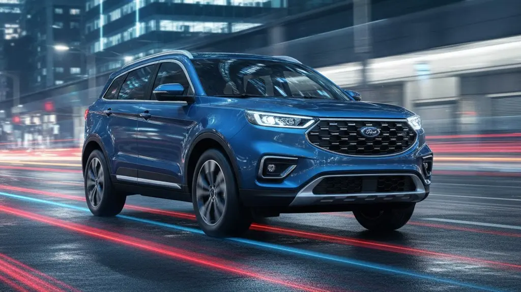 Ford Territory 2022 màu xanh phong cách hiện đại dưới ánh đèn thành phố đêm