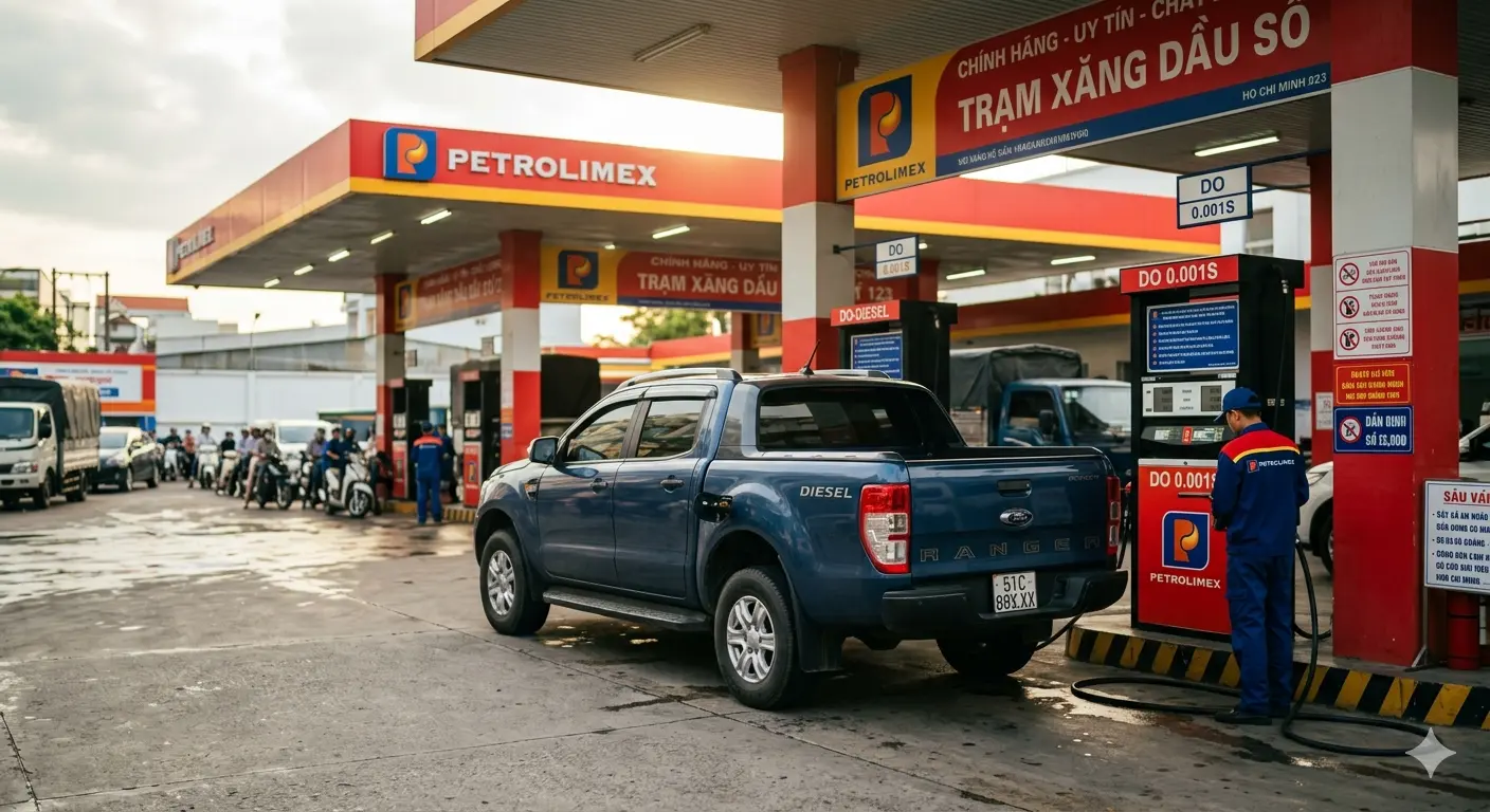 Xe bán tải máy dầu Ford Ranger đang tiếp nhiên liệu Diesel DO 0.001S tại trạm xăng Petrolimex trong bối cảnh giá dầu tăng cao.