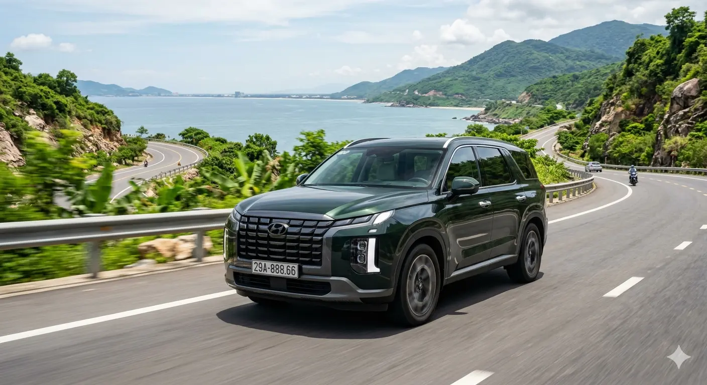 Cận cảnh thiết kế đầu xe Hyundai Palisade cũ đời 2023-2025 màu xanh lục bảo đang vận hành trên đường ven biển.