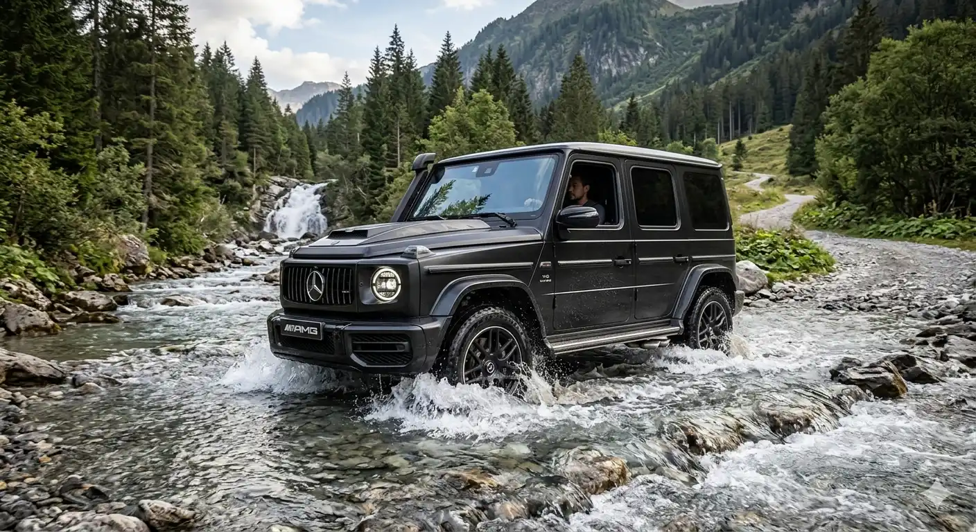 Xe Mercedes-Benz G63 phiên bản 2025 màu đen nhám đang vận hành lội suối thực tế, thể hiện khả năng off-road đỉnh cao.