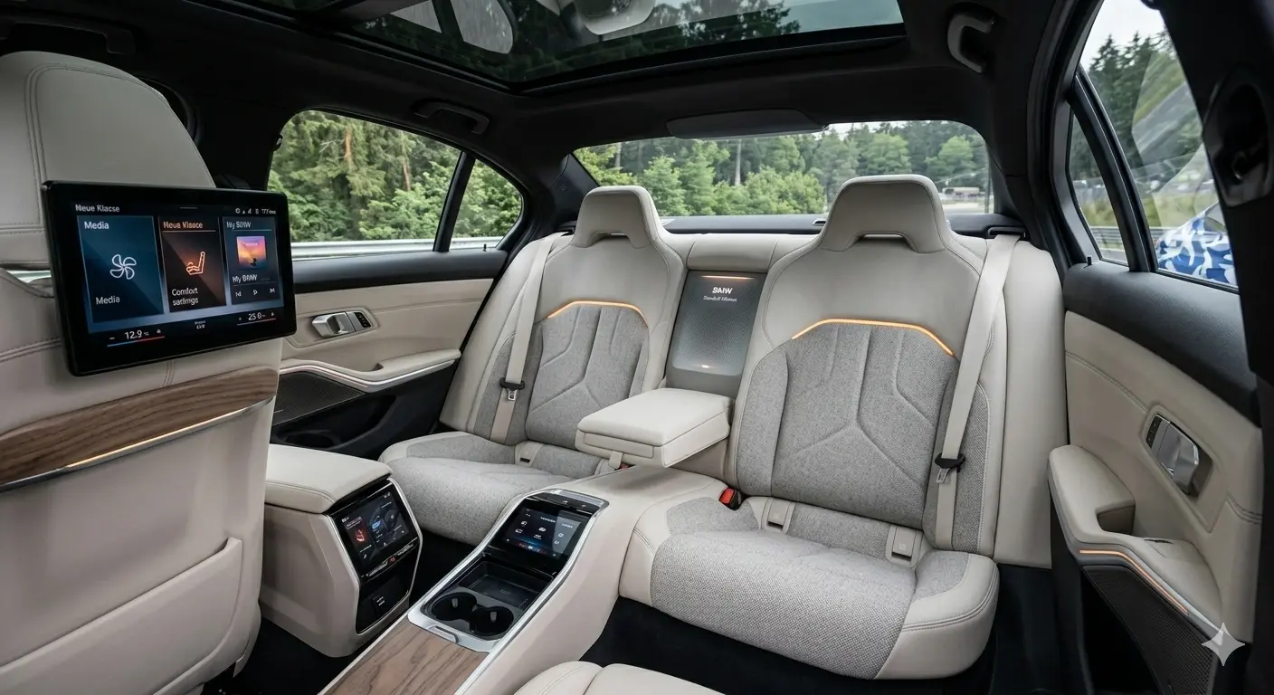 Không gian hàng ghế sau xe BMW 3 Series 2026 sử dụng chất liệu da Veganza và nỉ dệt kỹ thuật số bền vững.