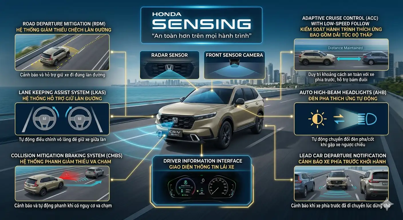 Mô phỏng các tính năng trong gói Honda Sensing bao gồm phanh giảm thiểu va chạm CMBS và hỗ trợ giữ làn