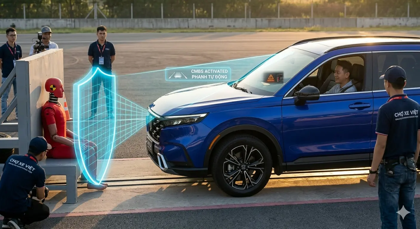 Mô phỏng tính năng phanh giảm thiểu va chạm CMBS trong gói Honda SENSING trên CR-V Hybrid.