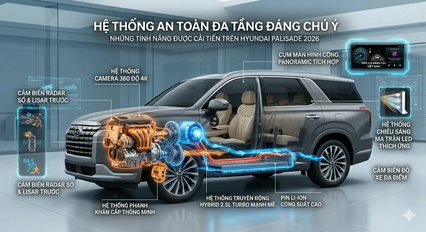 Các tính năng an toàn thông minh trong gói Hyundai SmartSense trên Palisade 2026.