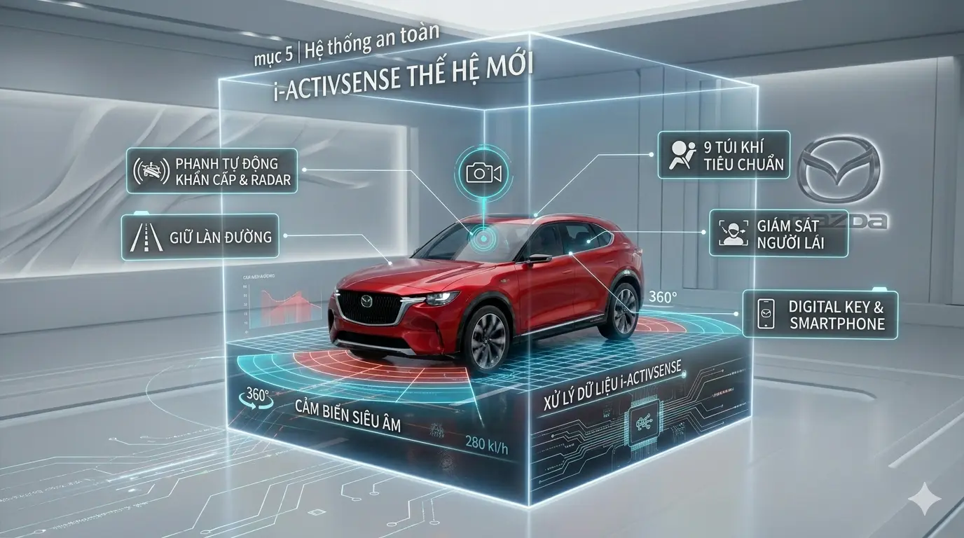 Mô phỏng các tính năng an toàn thông minh i-Activsense thế hệ mới trên Mazda CX-6e.