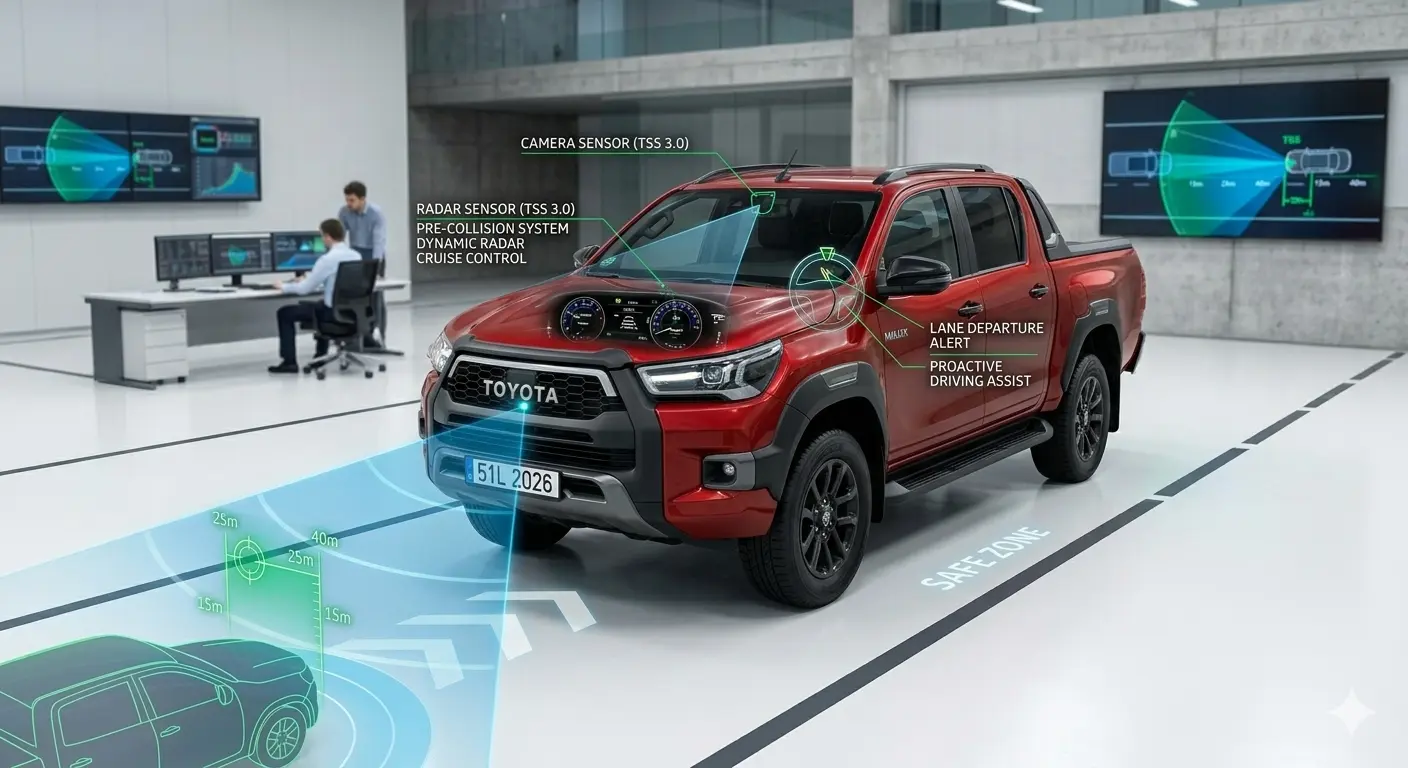 Mô phỏng hoạt động của gói an toàn Toyota Safety Sense 3.0 trên xe Hilux 2026 giúp bảo vệ người lái tối ưu.