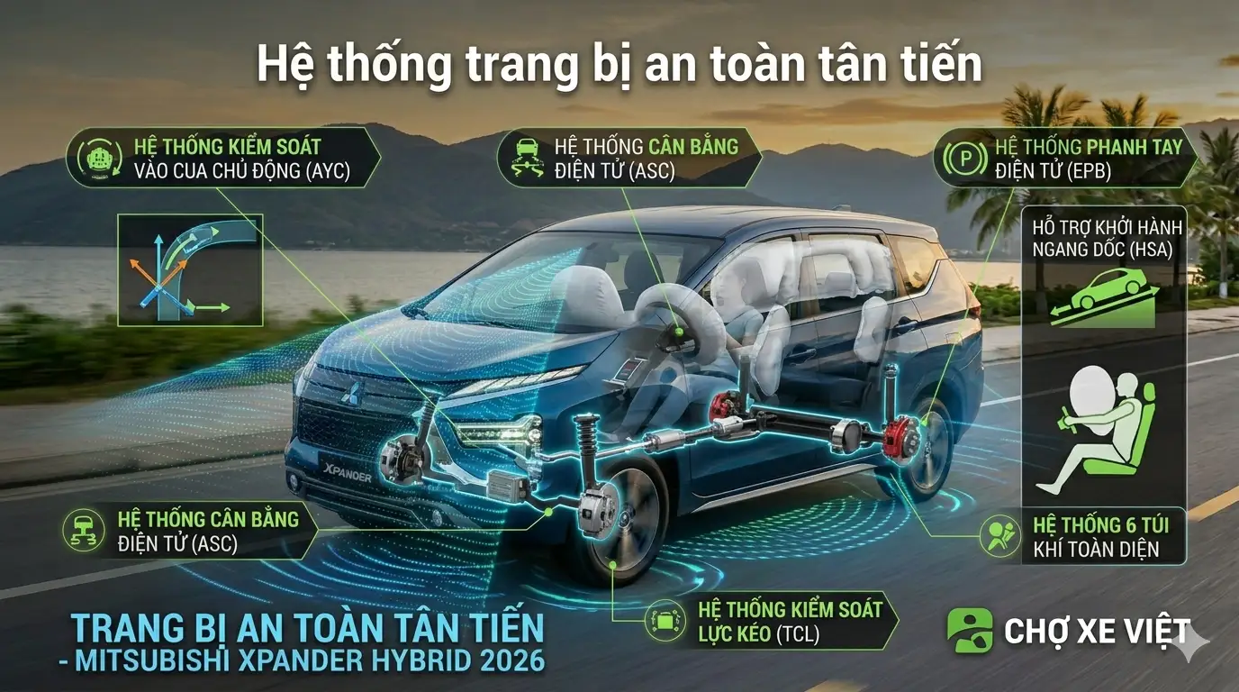 Mô phỏng các tính năng an toàn tân tiến và hệ thống AYC trên Xpander Hybrid 2026.