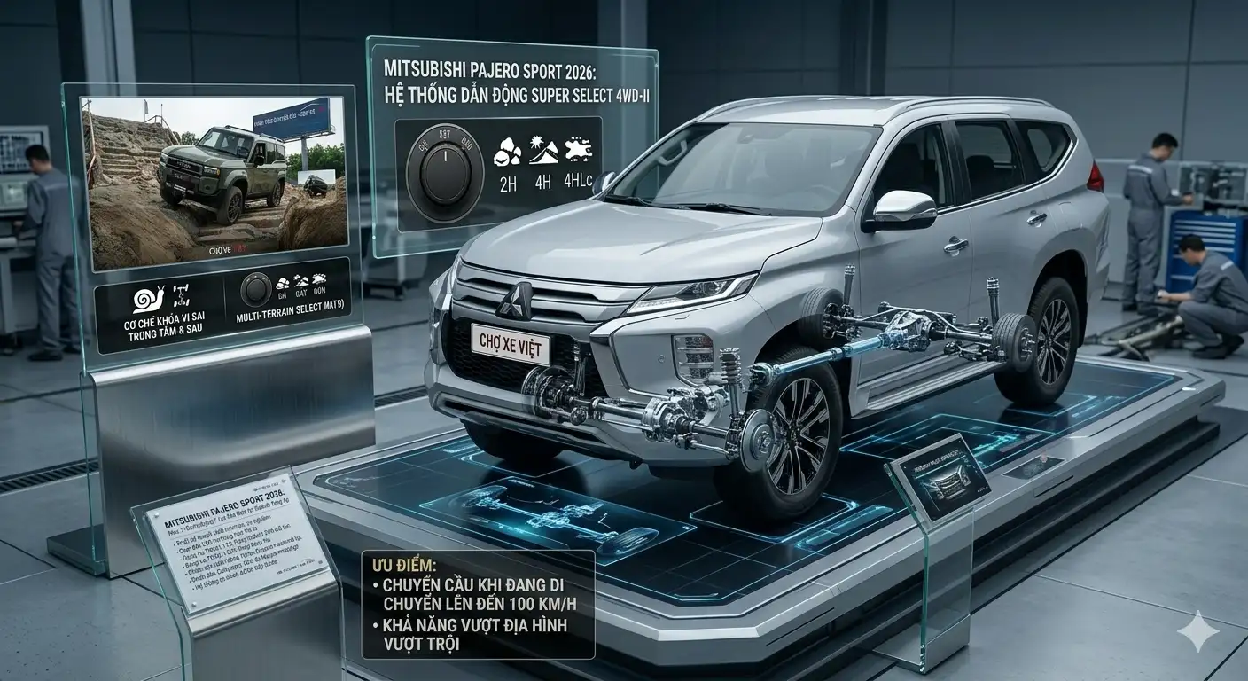 Mô phỏng hệ thống dẫn động 2 cầu Super Select 4WD-II trên Mitsubishi Pajero Sport 2026.