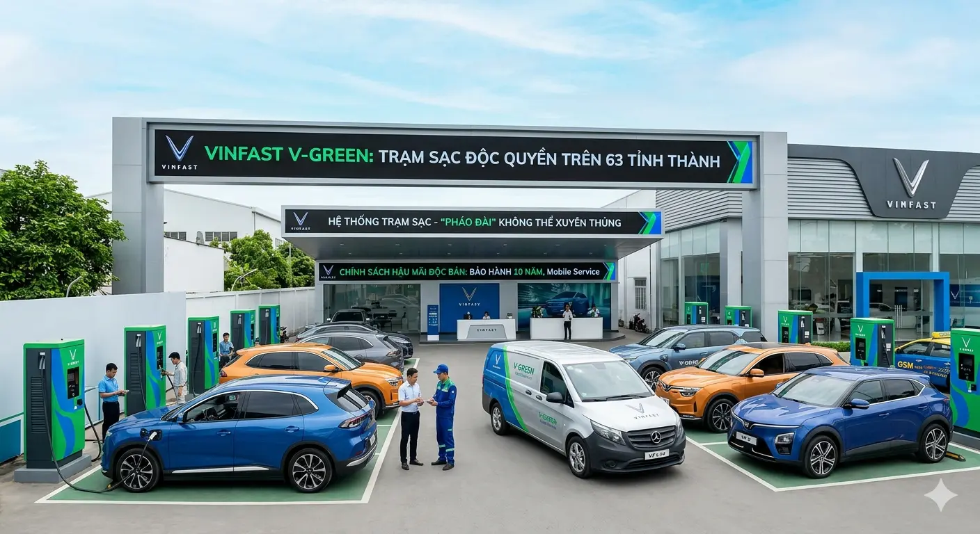Trạm sạc xe điện VinFast V-GREEN phủ khắp 63 tỉnh thành tạo lợi thế cạnh tranh tuyệt đối cho hãng xe nội.