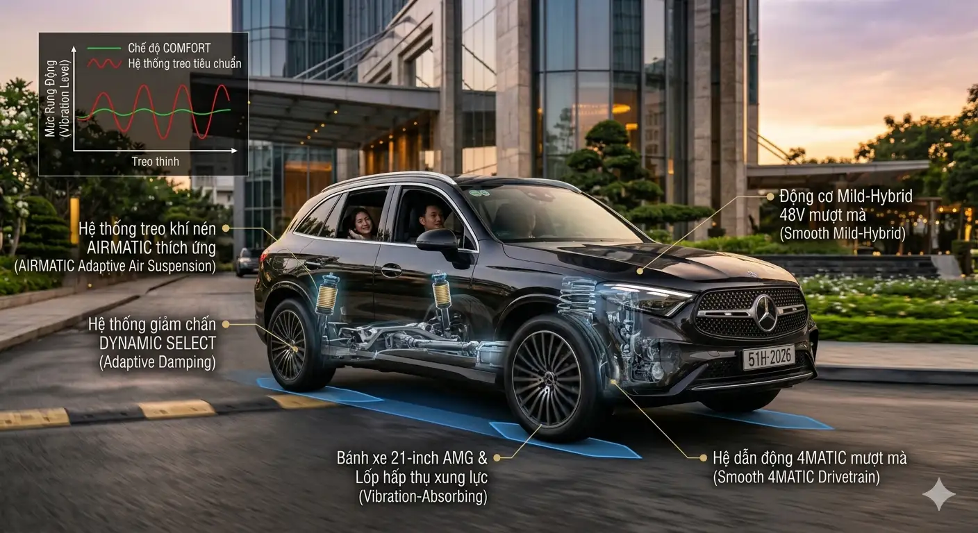 Mô phỏng hệ thống treo khí nén Airmatic giúp Mercedes GLC 2026 vận hành êm ái.