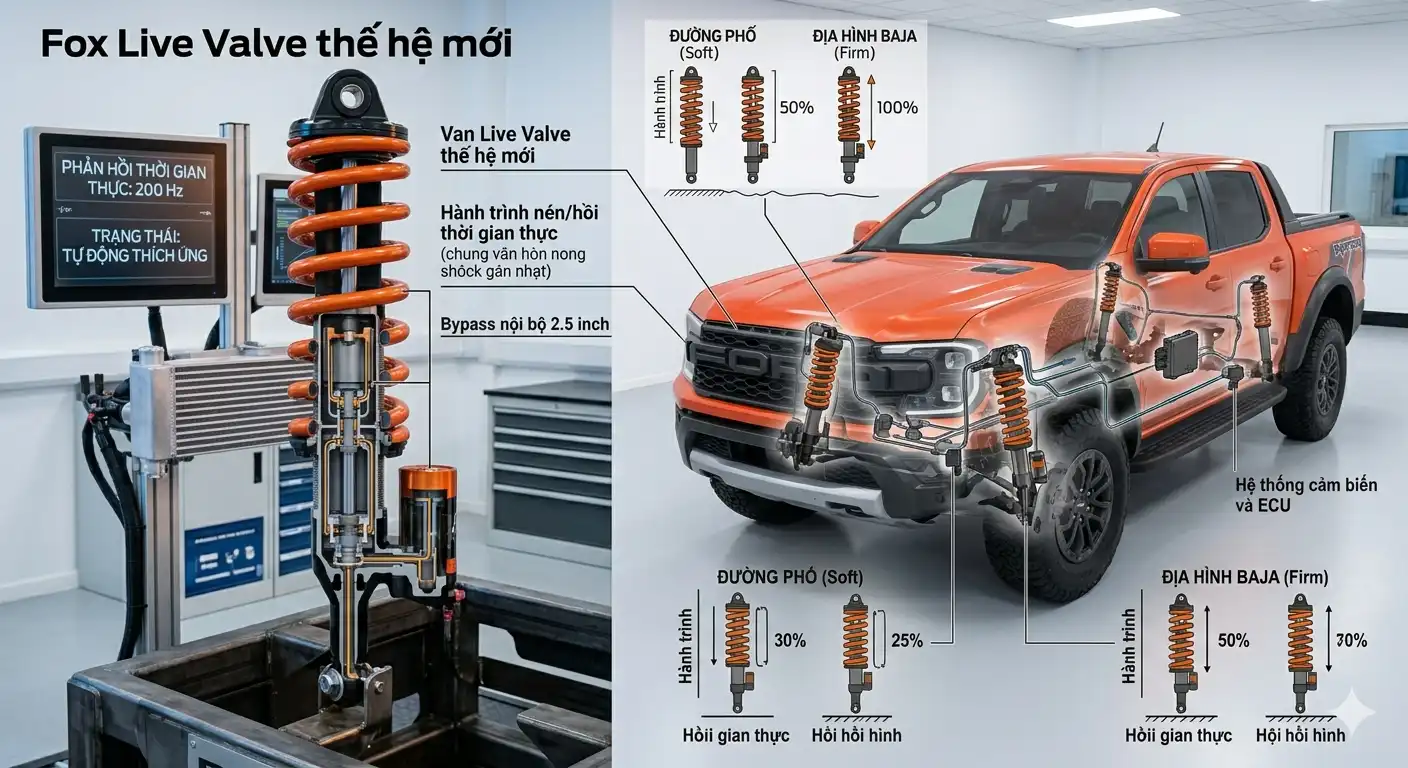 Chi tiết giảm xóc Fox Live Valve 2.5 inch thế hệ mới giúp Ford Ranger Raptor 2026 vận hành êm ái