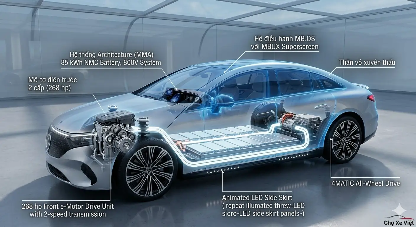 Mô phỏng nền tảng khung gầm MMA, pin 800V và mô-tơ điện trên Mercedes CLA 2026.