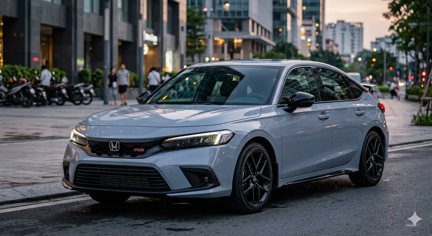 Cận cảnh đầu xe Honda Civic Hatchback RS màu Xám Sonic Grey Pearl đời mới, nổi bật với lưới tản nhiệt tổ ong và đèn pha LED sắc sảo.