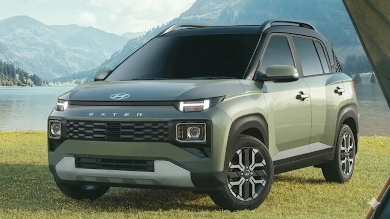 Đầu xe Hyundai Exter 2026 màu xanh rêu với lưới tản nhiệt Parametric đen và đèn LED định vị chữ H nổi bật.