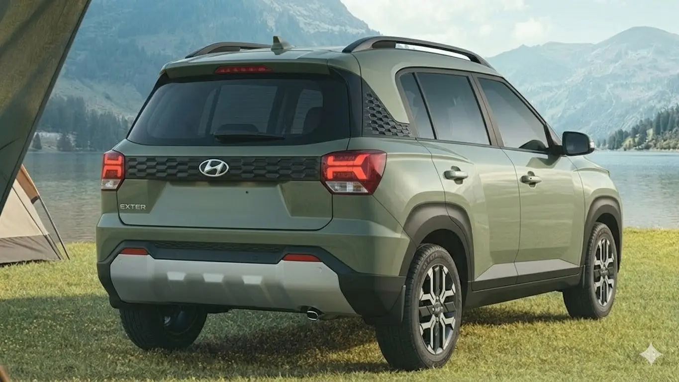 Đuôi xe Hyundai Exter 2026 màu xanh rêu với đèn hậu LED chữ H, cản sau bạc và một ống xả mạ chrome.