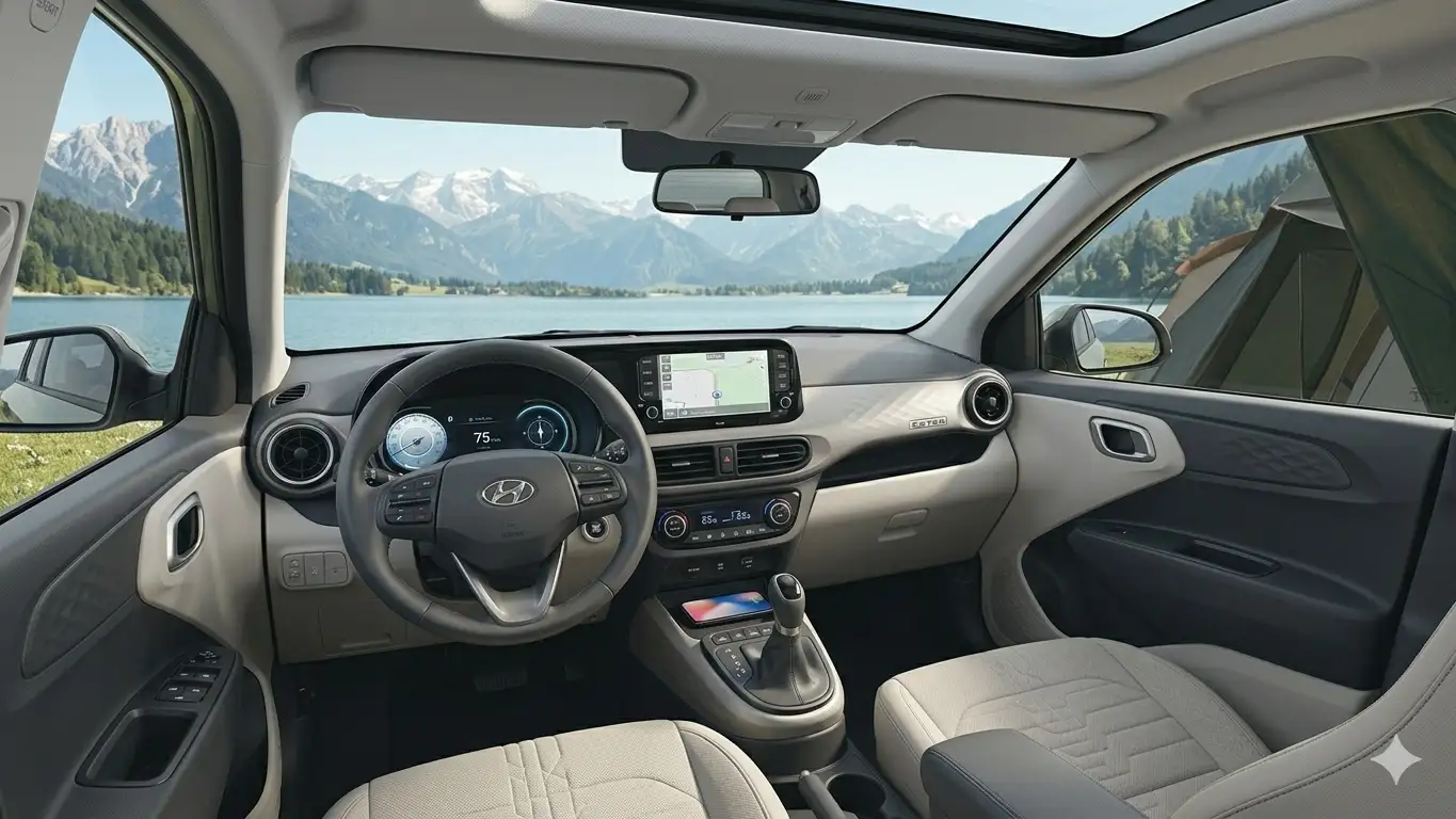 Không gian khoang lái Hyundai Exter 2026, bao gồm bảng tablo, vô-lăng 3 chấu và màn hình giải trí trung tâm.