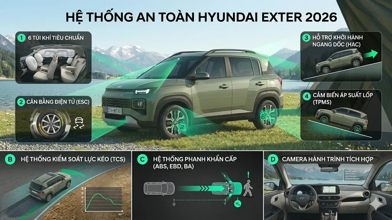 Ảnh mô phỏng các tính năng an toàn trên Hyundai Exter 2026, hiển thị vị trí 6 túi khí, hệ thống cân bằng điện tử (ESC) và camera hành trình tích hợp.