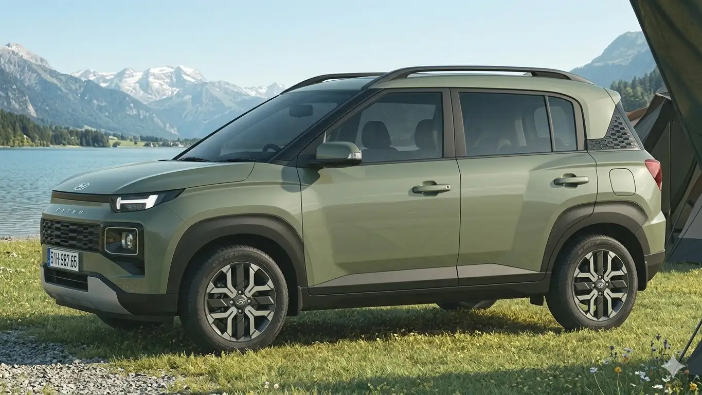 Thân xe Hyundai Exter 2026 màu xanh rêu nhìn từ góc nghiêng, hiển thị mâm xe hợp kim và ốp vòm bánh xe đen.