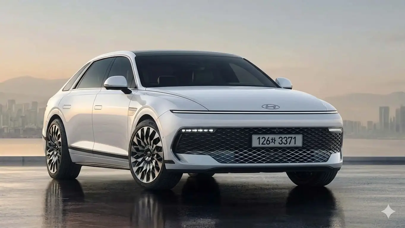 Thiết kế đầu xe Hyundai Grandeur 2027 màu trắng với dải đèn LED Horizon đặc trưng