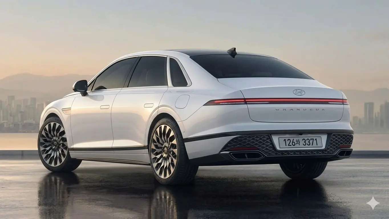Góc nhìn phía sau xe Hyundai Grandeur 2027 màu trắng làm nổi bật cụm đèn hậu LED thanh mảnh