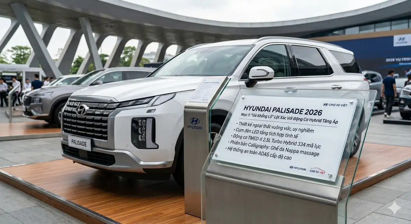 Ngoại thất xe Hyundai Palisade 2026 màu trắng tại showroom Chợ Xe Việt.