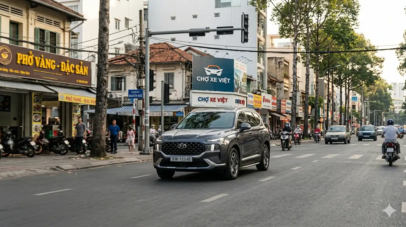 Chiếc xe ô tô Hyundai SantaFe đời 2022 màu xám đậm đang di chuyển trên đường phố đông đúc ở Việt Nam, đi qua biển hiệu Chợ Xe Việt. 
