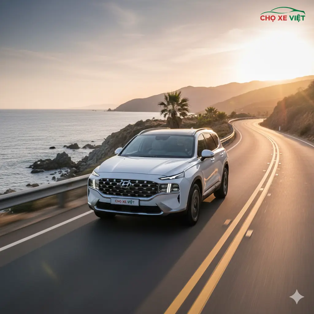Hyundai Santa Fe máy dầu cũ màu trắng lịch lãm trên đường cao tốc