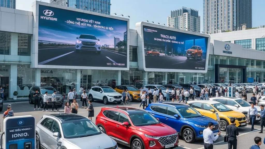 Showroom Hyundai và Thaco trưng bày các mẫu xe Ioniq, Santa Fe và Mazda CX-5 cạnh tranh gay gắt tại Việt Nam.