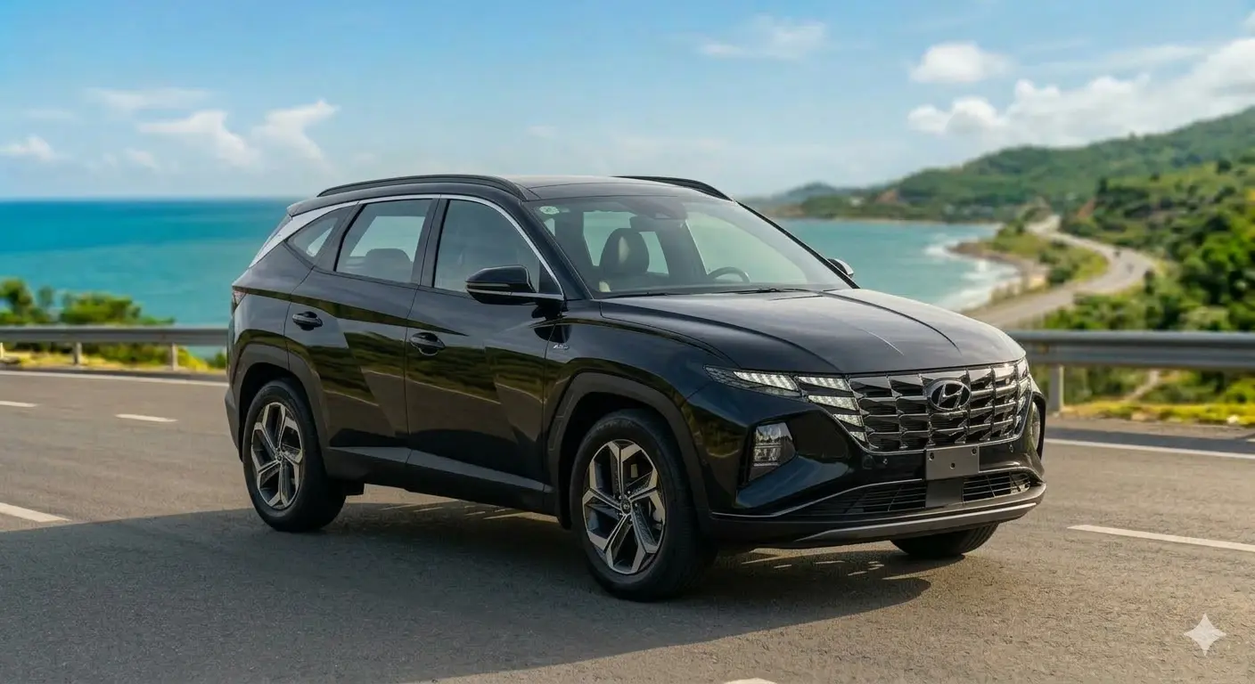 Hyundai Tucson đời 2023 cũ màu đen với lưới tản nhiệt tham số độc đáo.