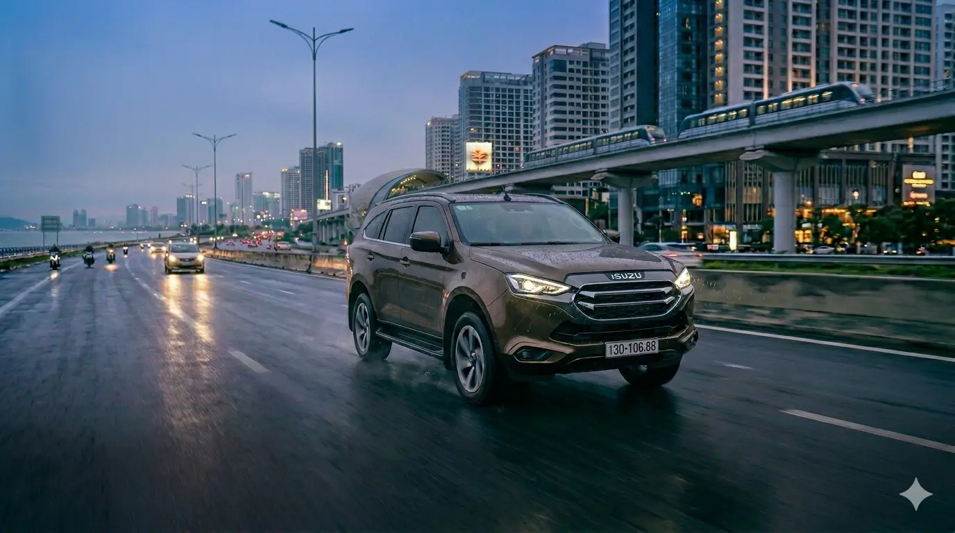 Mau xe SUV 7 cho Isuzu Mu-X phien ban 2026 voi thiet ke manh me dang di chuyen tren duong pho Viet Nam