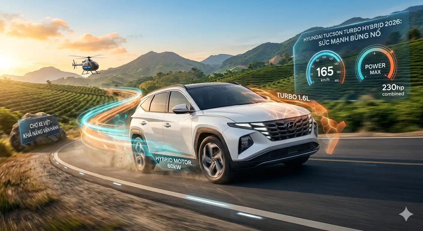 Sức mạnh bùng nổ của động cơ Turbo Hybrid trên Hyundai Tucson 2026 công suất 230 mã lực.