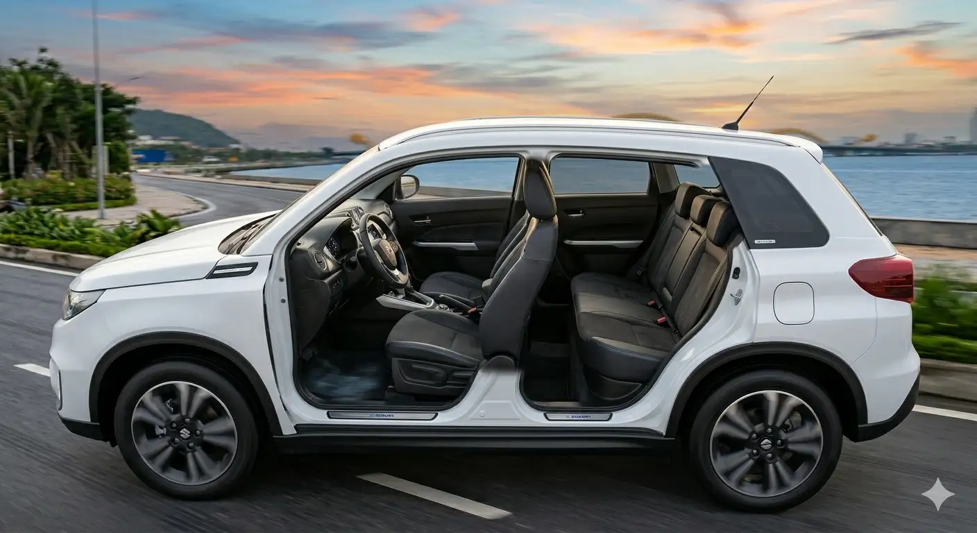 Trải nghiệm không gian cabin rộng rãi của Suzuki eVitara 2026 khi mở đồng thời hai cửa xe.