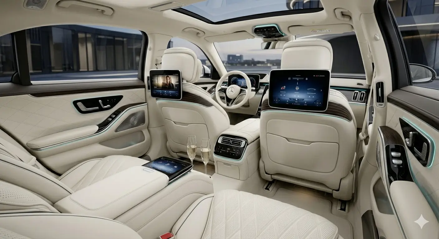 Không gian khoang hành khách thương gia phía sau trên Mercedes-Benz S-Class 2027 bọc da màu trắng kem sang trọng và tĩnh lặng.