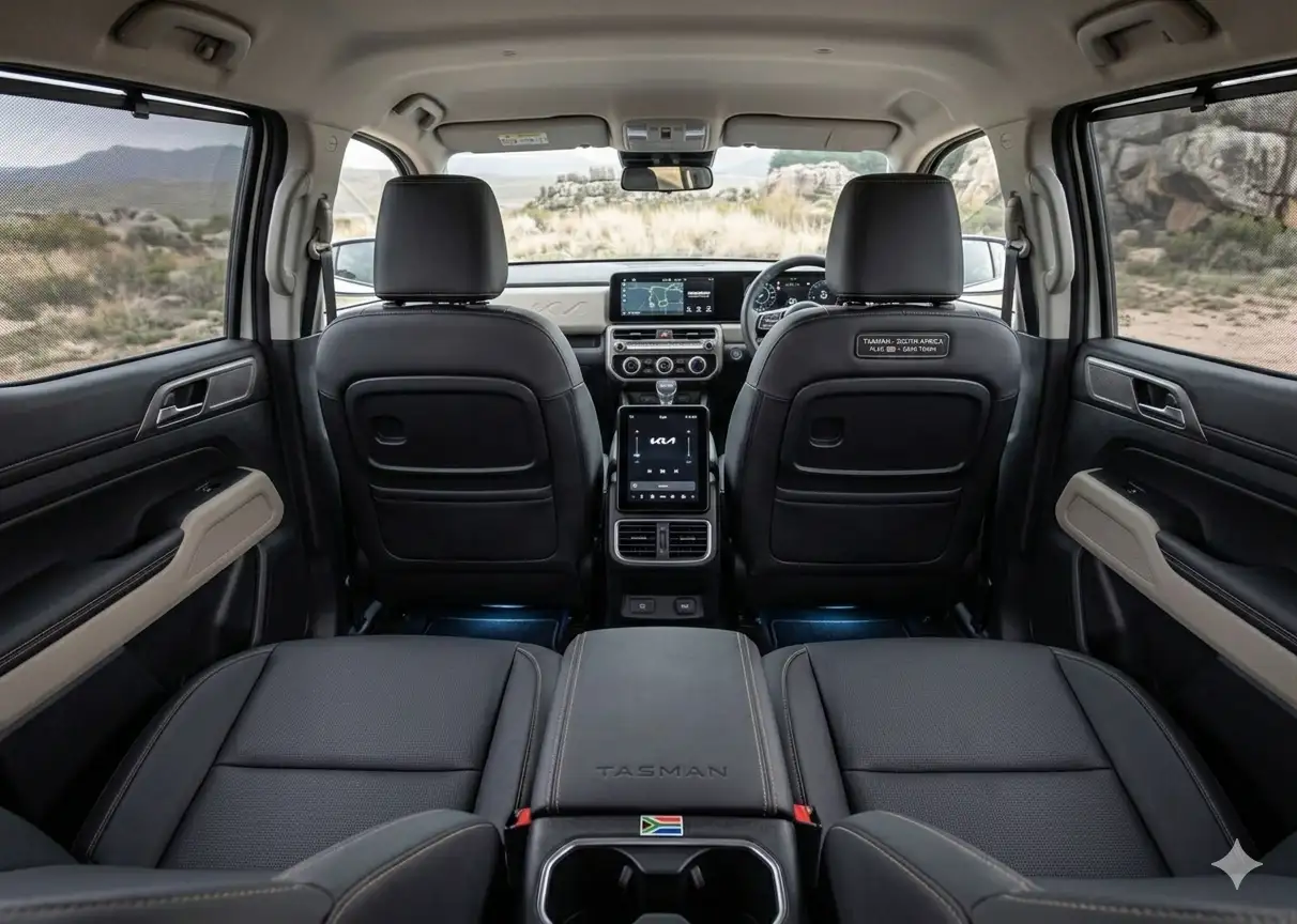 Không gian hàng ghế sau rộng rãi của Kia Tasman 2026 tích hợp cửa gió điều hòa và tiện nghi cao cấp.