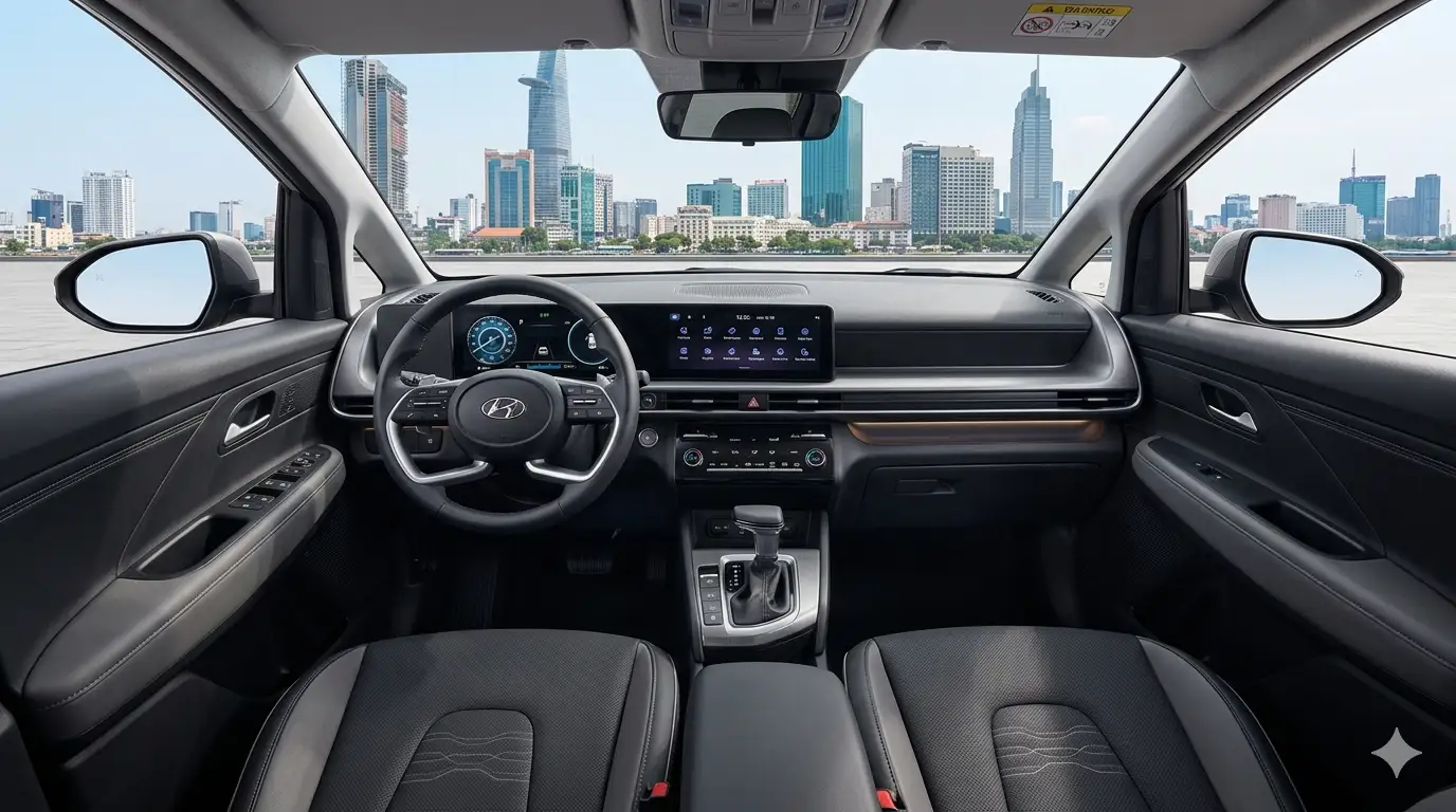Nội thất khoang lái Hyundai Stargazer 2026 với cụm màn hình kép 10.25 inch hiện đại