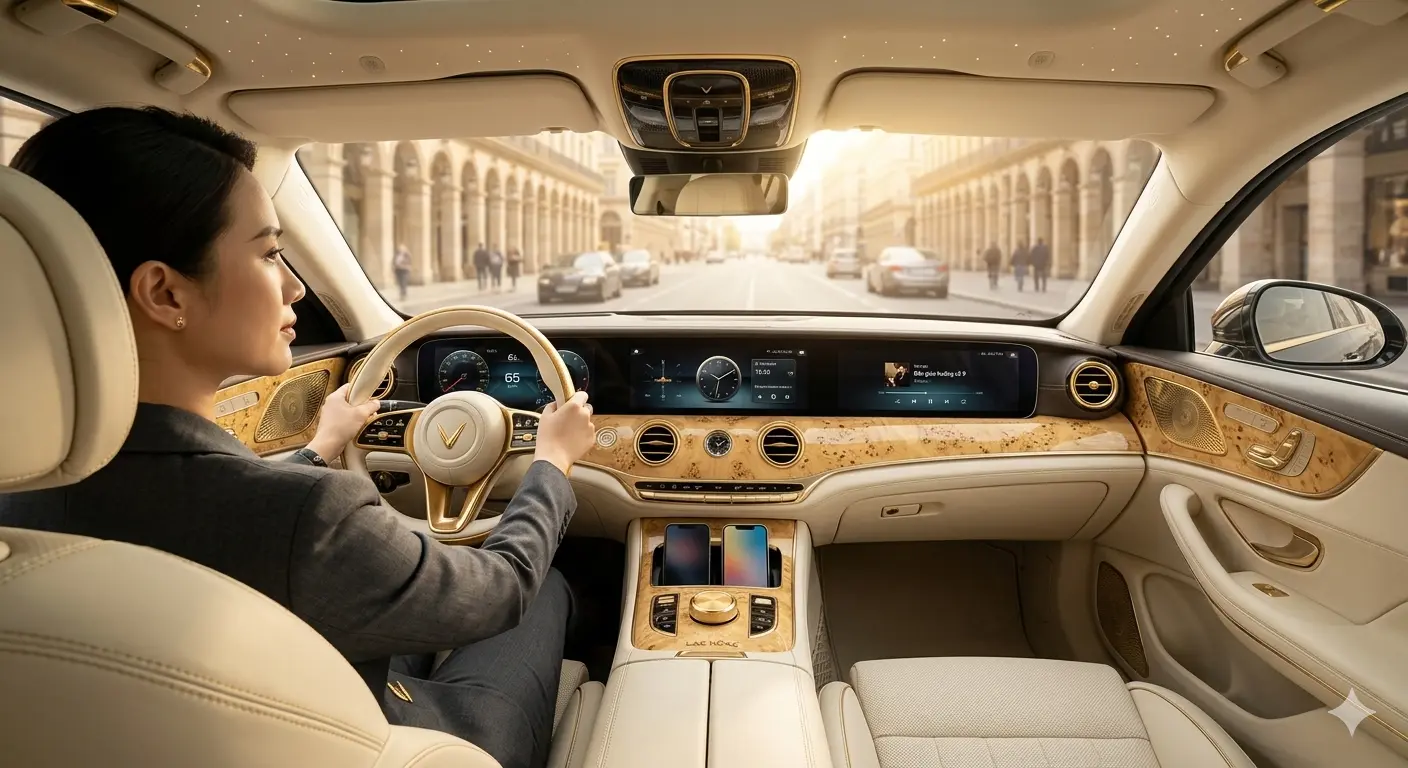 Cận cảnh khoang lái xe VinFast 800s với màn hình panorama trải dài và nội thất ốp gỗ quý cao cấp.