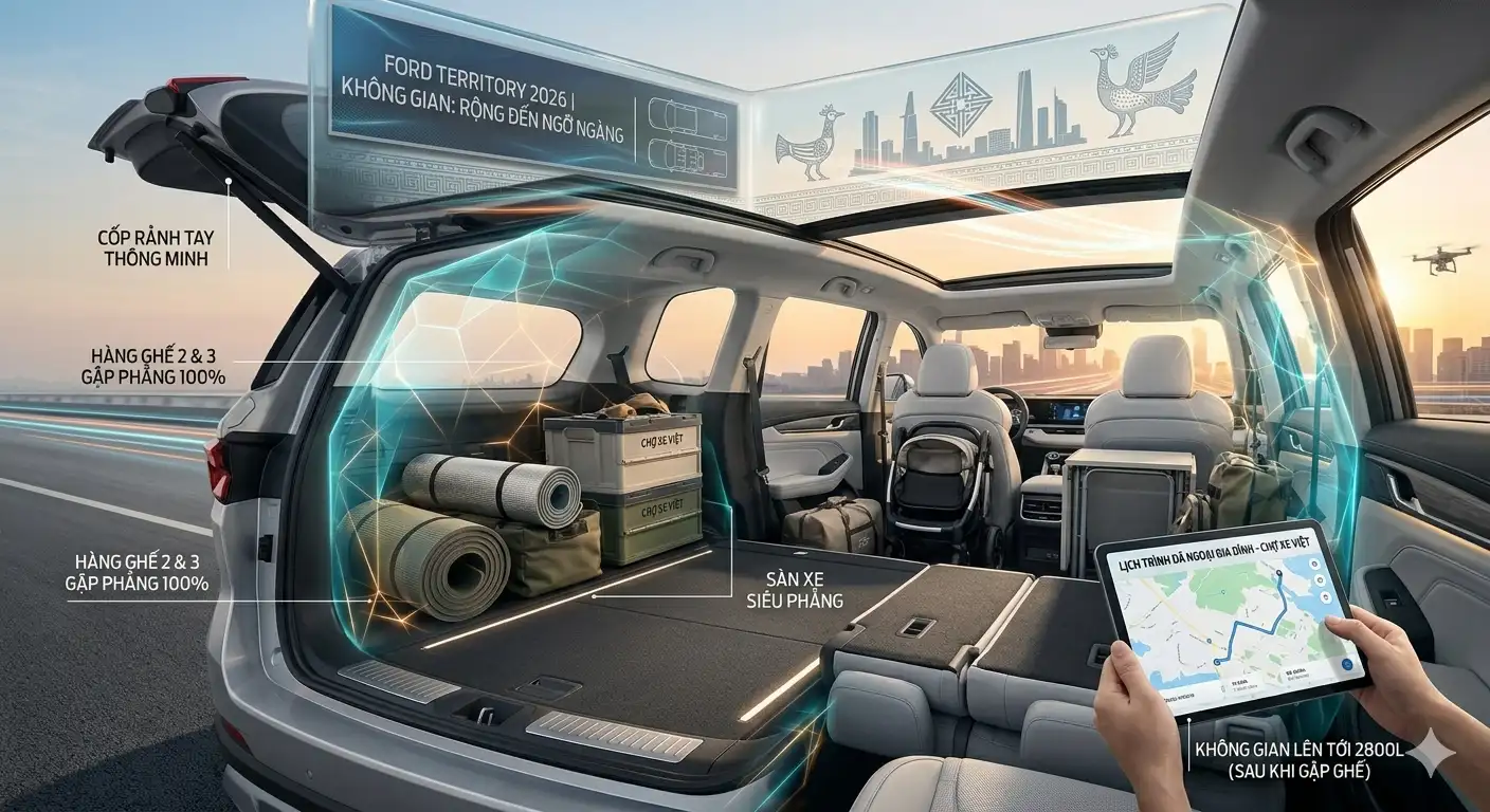 Không gian nội thất rộng đến ngỡ ngàng của Ford Territory 2026 khi gập phẳng hàng ghế.