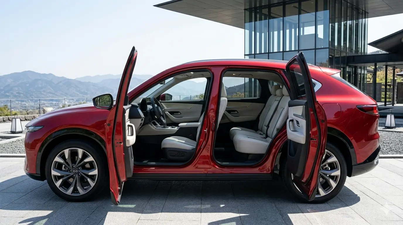 Toàn cảnh không gian nội thất 2 hàng ghế rộng rãi trên xe điện Mazda CX-6e.